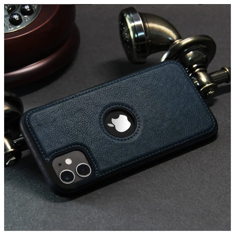 Carcasa Cuero Premium Para iPhone (todos) + Lámina Espía Azul Oscuro 15 Pro