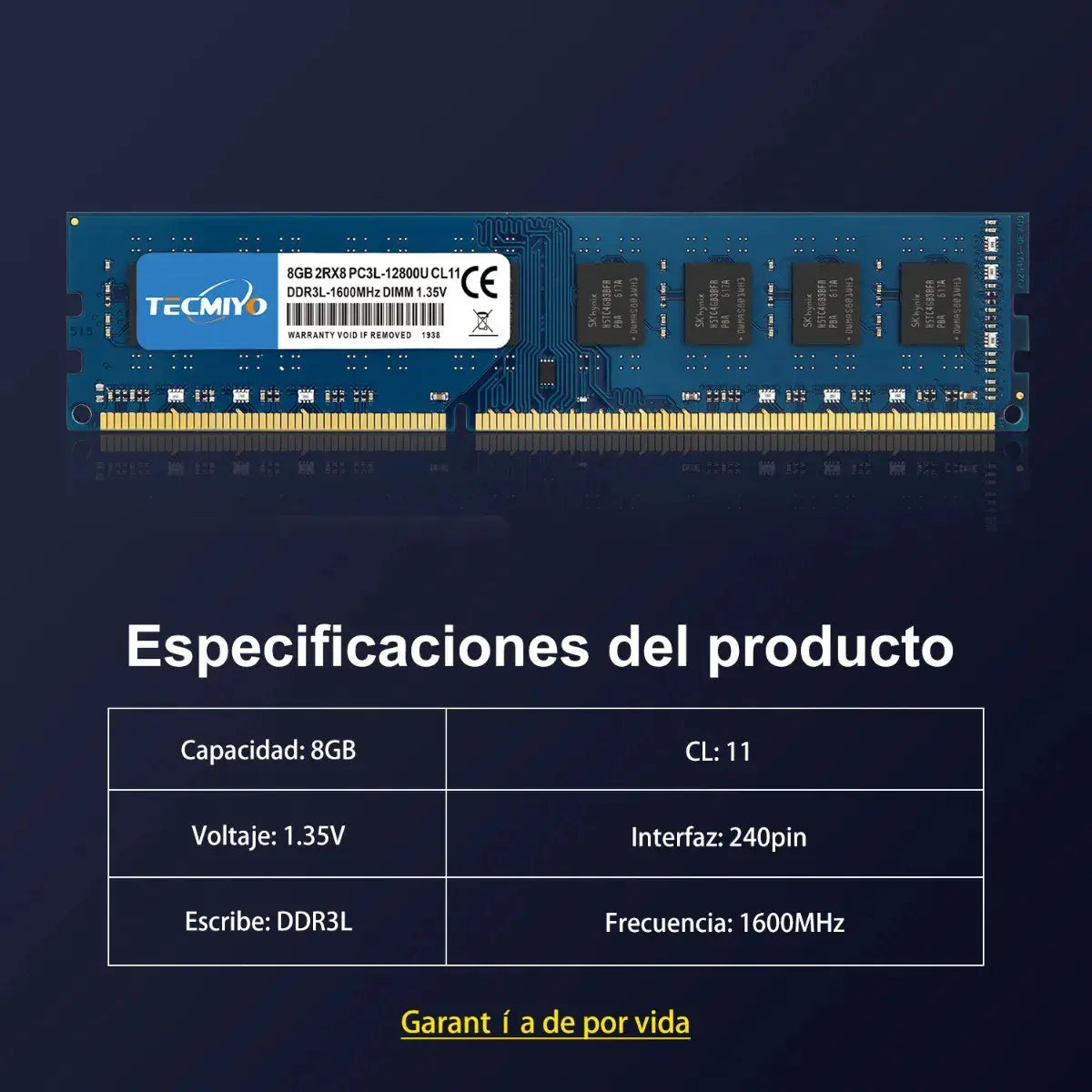 Memoria Ram Tecmiyo 8gb Ddr3l-1600 Udimm De 1.35v/1.5v