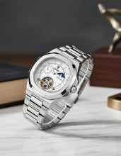 Cargar imagen en el visor de la galería, Reloj Automático Hombre Acero Inoxidable Fase Lunar Abierto Negro Plateado Blanco