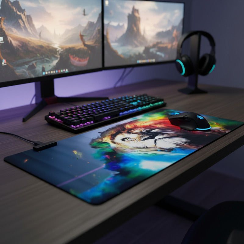 Mouse Pad Gamer Xl Antideslizante Negro León Colorido Variado León