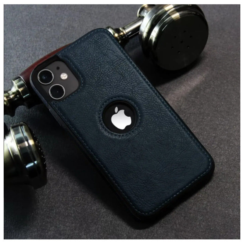 Carcasa Cuero Premium Para iPhone (todos) + Lámina Espía Azul Oscuro 15 Pro
