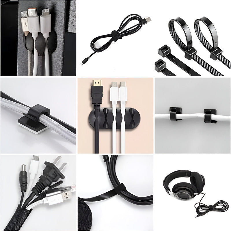 204 Kit Multifunción Organizador Cables Adhesivo Antinudos Varios