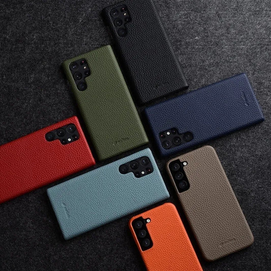 Funda De Cuero Vacuno Genuino Para Samsung Galaxy S23 Ultra Negro Lisa
