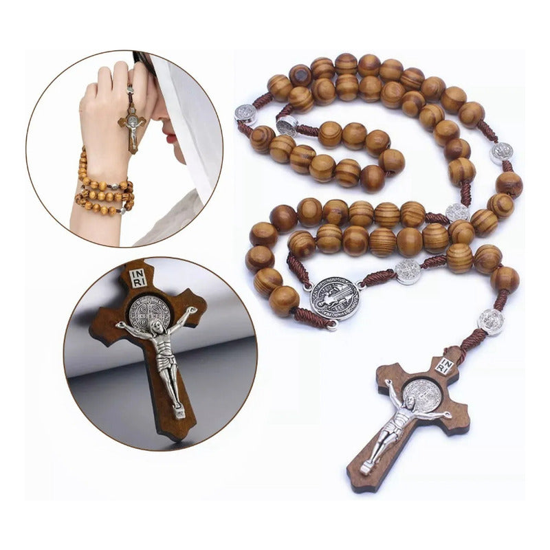 Rosario Católico Madera Con Medallas De San Benito Café