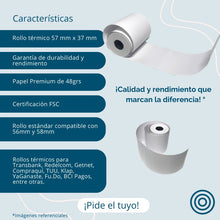 Cargar imagen en el visor de la galería, 90 Rollos Termicos 57mm X 17m Transbank Redelcom Getnet Blanco
