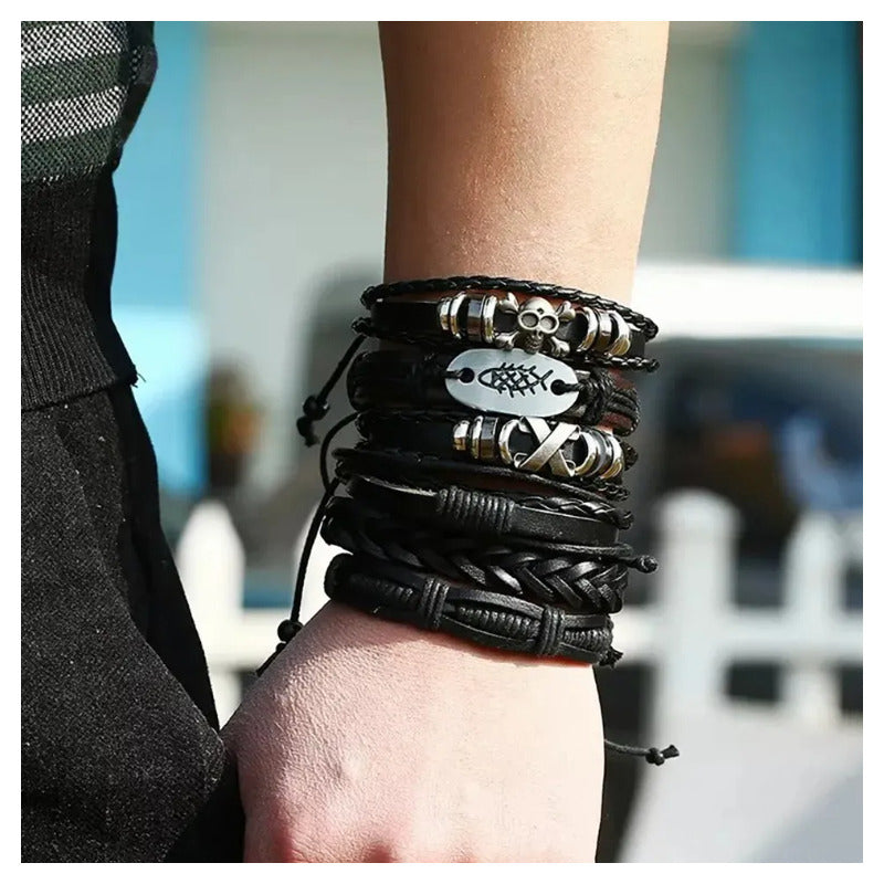 6pcs Pulsera Brazalete Cuero Hombre Mujer Trenzado Ajustable Negro 0 Mm 0 Mm