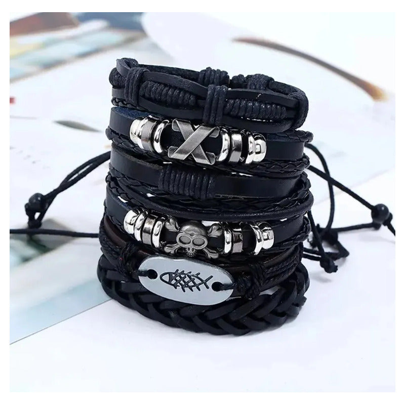 6pcs Pulsera Brazalete Cuero Hombre Mujer Trenzado Ajustable Negro 0 Mm 0 Mm