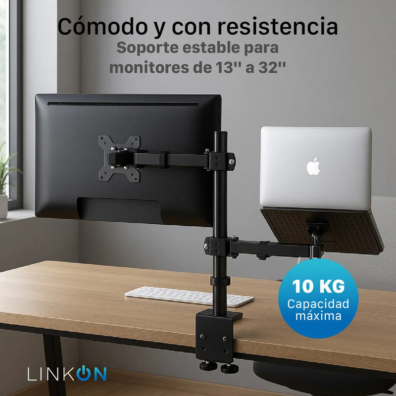 Soporte Brazo Doble Para Monitor Notebook Linkon Escritorio Negro