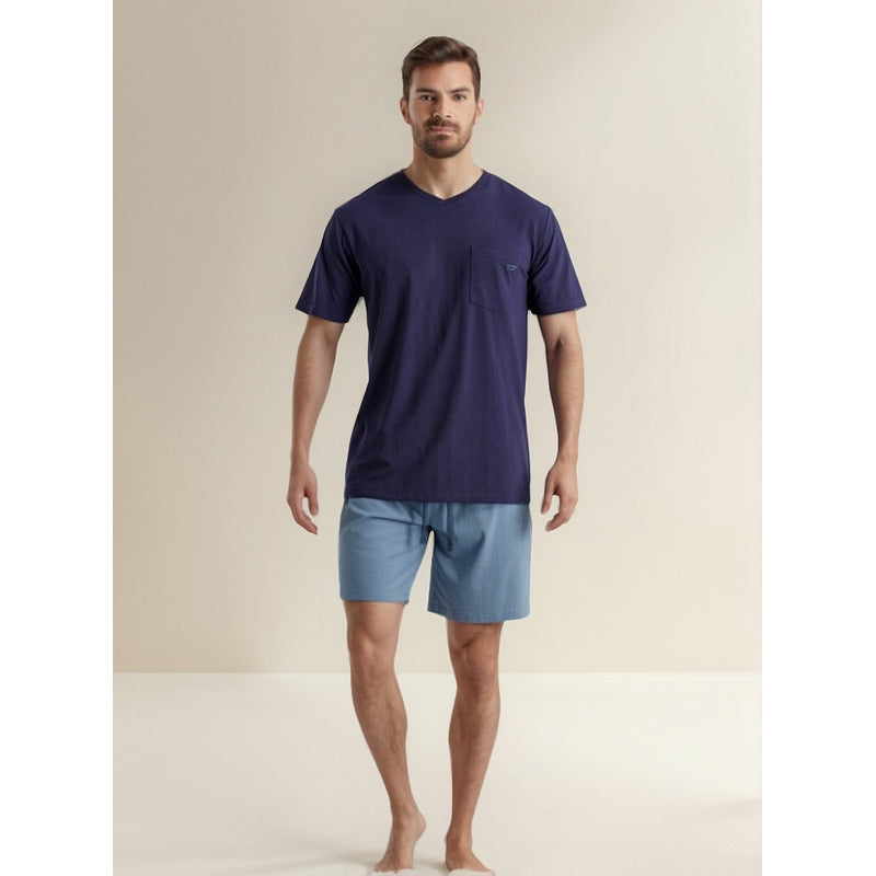 Pijama Corto Hombre Top / 2 Piezas Azul Acero Liso M