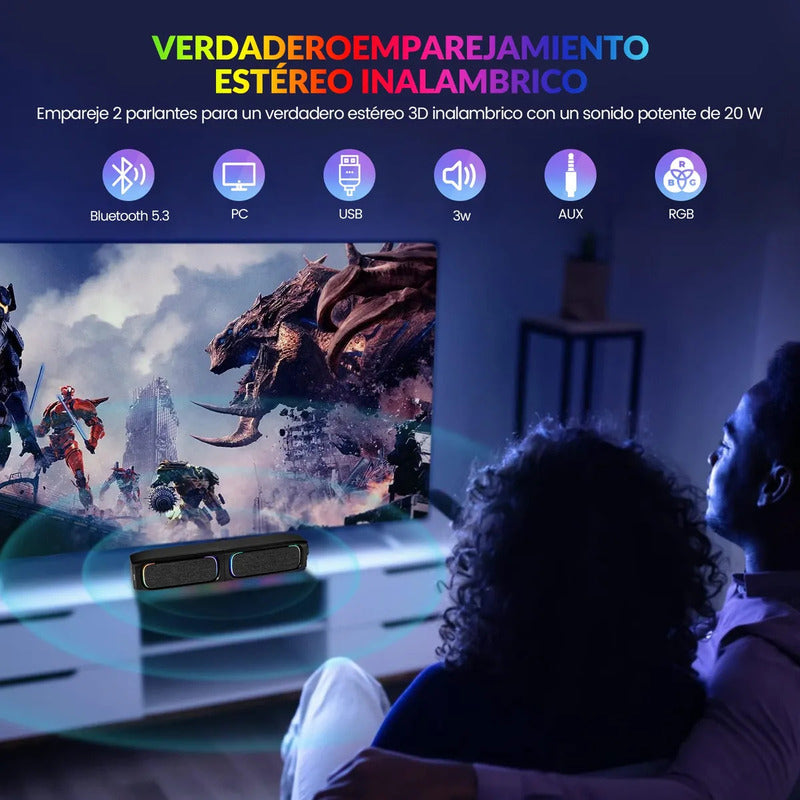 Soundbar Parlante Gamer Pc Tv Rgb Inalámbricos Con Subwoofer Negro