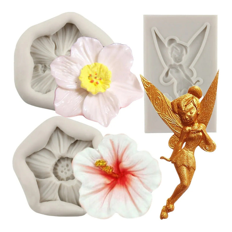 3pcs Molde De Silicona Hada De Las Flores Hibisco Fondant Gris
