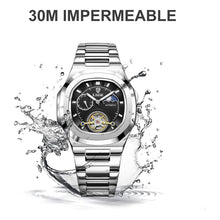Cargar imagen en el visor de la galería, Reloj Automático Hombre Acero Inoxidable Fase Lunar Abierto Negro Plateado Blanco 
