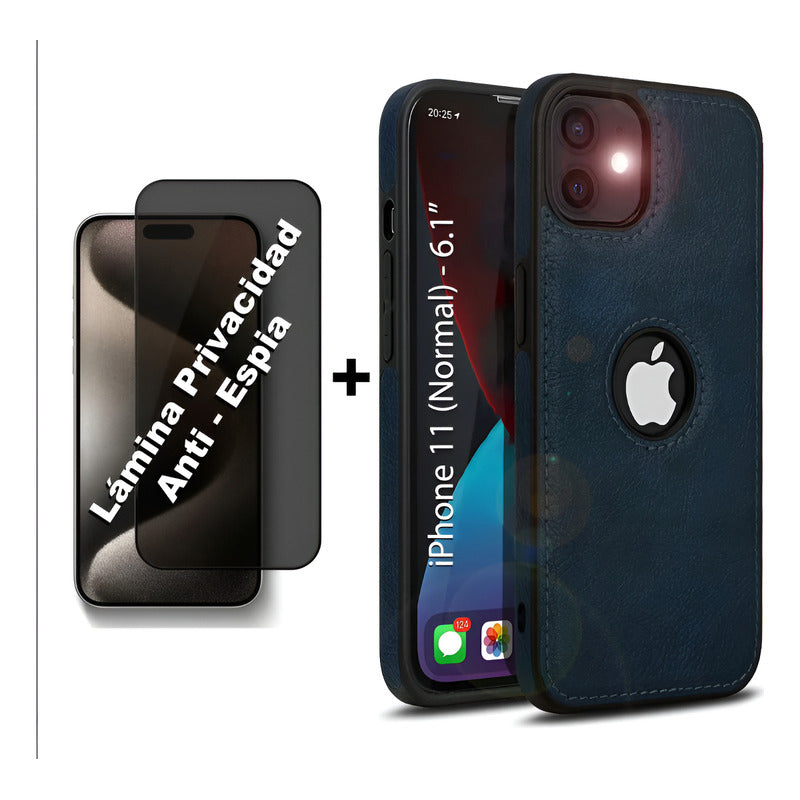 Carcasa Cuero Premium Para iPhone (todos) + Lámina Espía Azul Oscuro 15 Pro