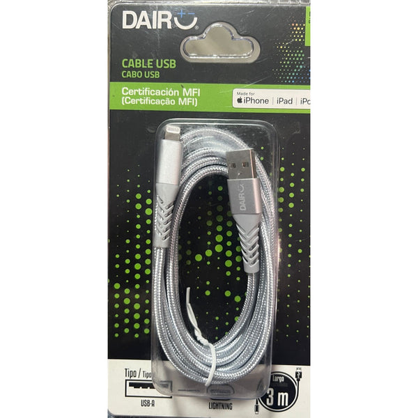 Cable Usb Lightning Silver 3 Metros Dairu