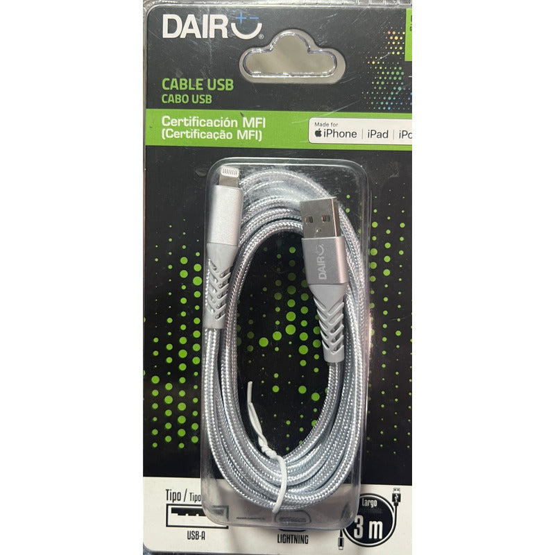 Cable Usb Lightning Silver 3 Metros Dairu