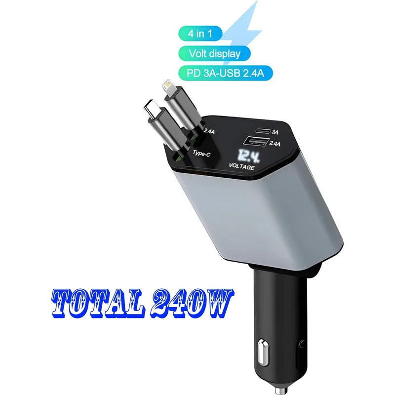 Cargador Auto 120w Usb De 2 Cables Retractil Carga Rapida Gris