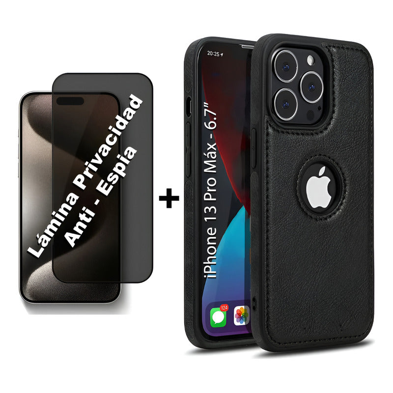 Carcasa Cuero Premium Para iPhone (todos) + Lámina Espía Negro 13 Pro