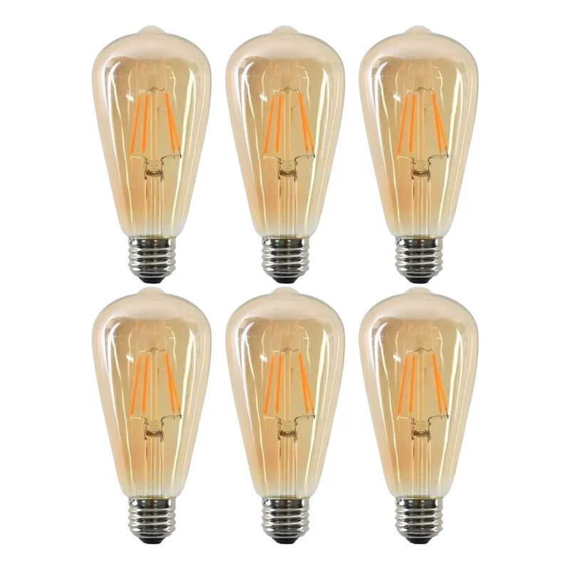 Pack De 6 Ampolletas Vintage Led Edison Filamento E27 6w Blanco Cálido