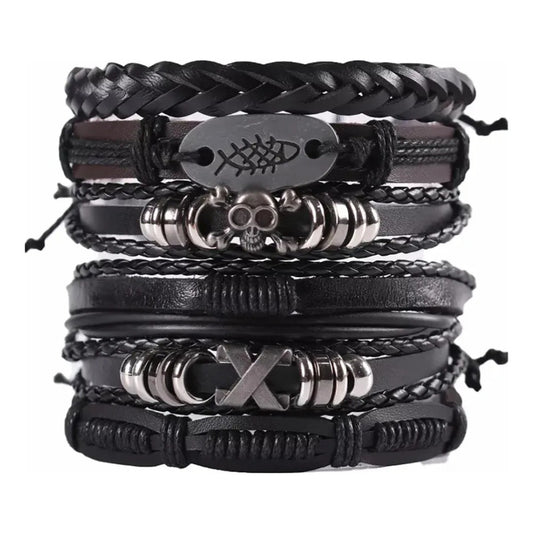 6pcs Pulsera Brazalete Cuero Hombre Mujer Trenzado Ajustable Negro 0 Mm 0 Mm
