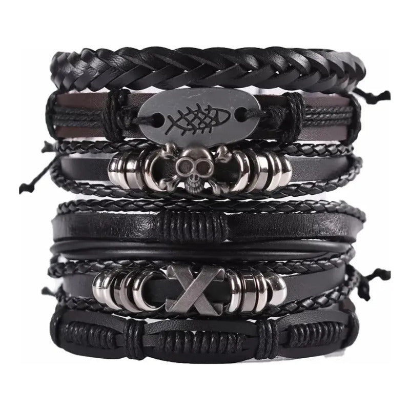 6pcs Pulsera Brazalete Cuero Hombre Mujer Trenzado Ajustable Negro 0 Mm 0 Mm