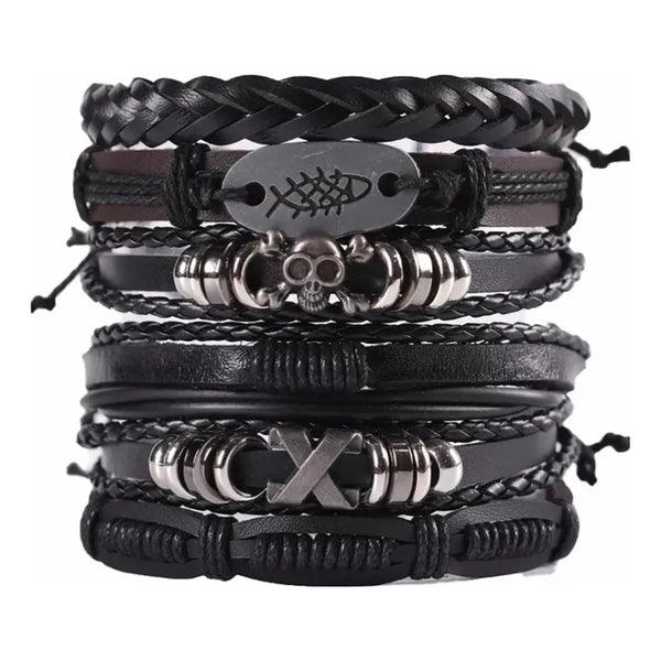 6pcs Pulsera Brazalete Cuero Hombre Mujer Trenzado Ajustable Negro 0 Mm 0 Mm
