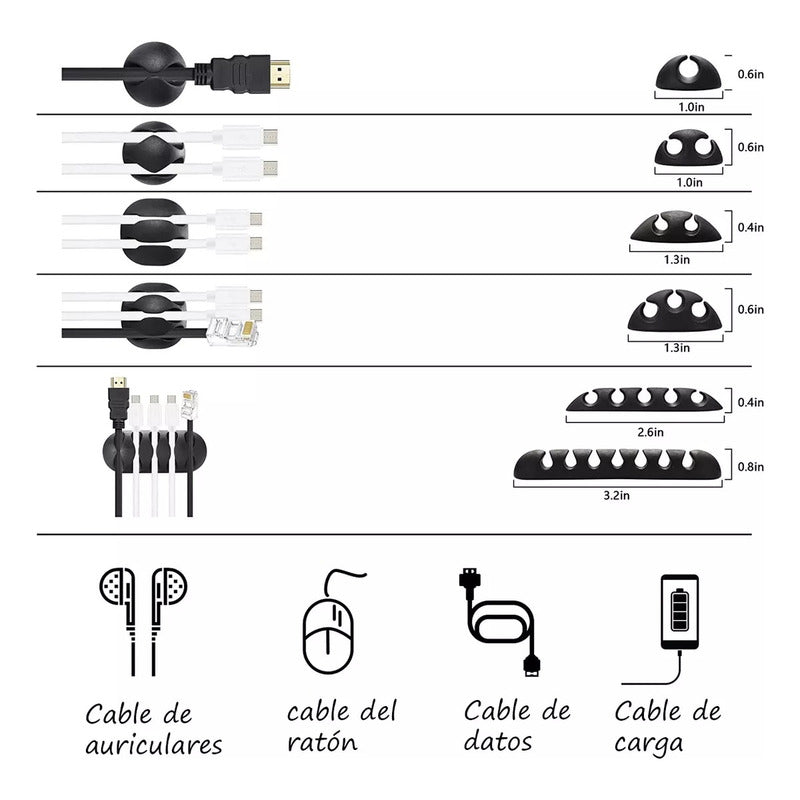 204 Kit Multifunción Organizador Cables Adhesivo Antinudos Varios