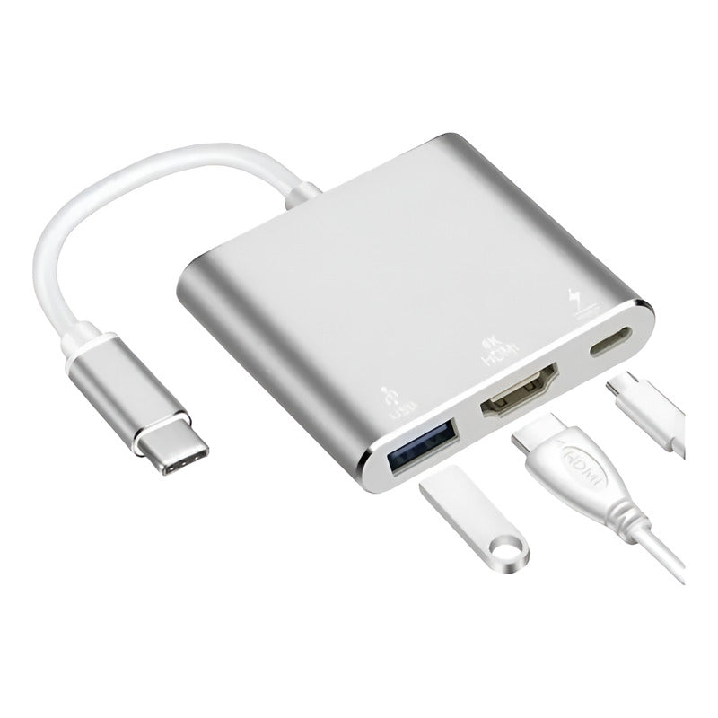 Adaptador Hub 3 En 1 Usb C A Hdmi 4k + Usb-c + Usb Cable Plateado