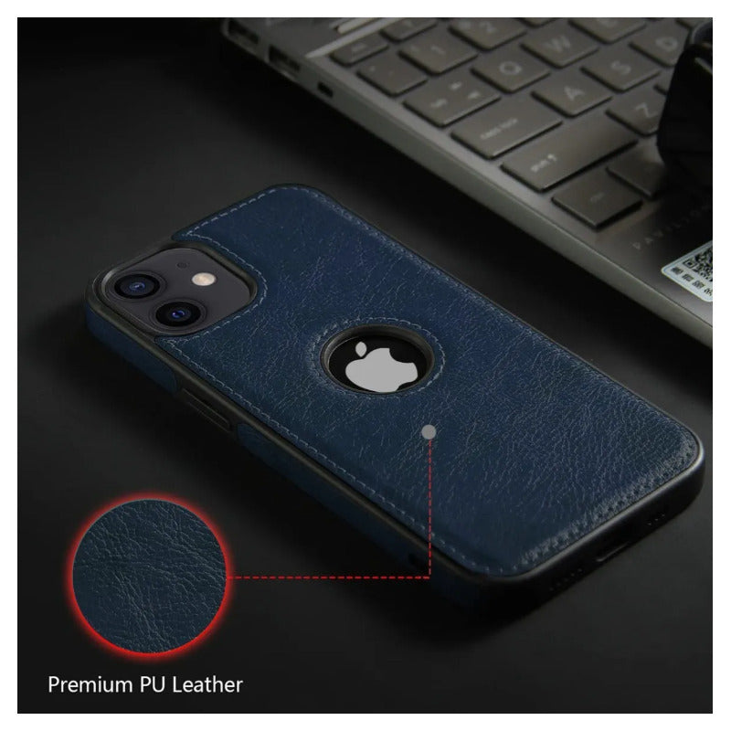 Carcasa Cuero Premium Para iPhone (todos) + Lámina Espía Azul Oscuro 15 Pro