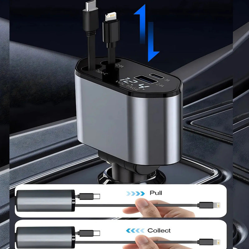 Cargador Auto 120w Usb De 2 Cables Retractil Carga Rapida Gris