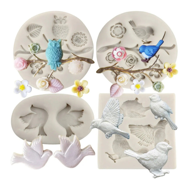 4pcs Molde De Silicona Aves Búho Rama Fondant Pasta Resina Gris