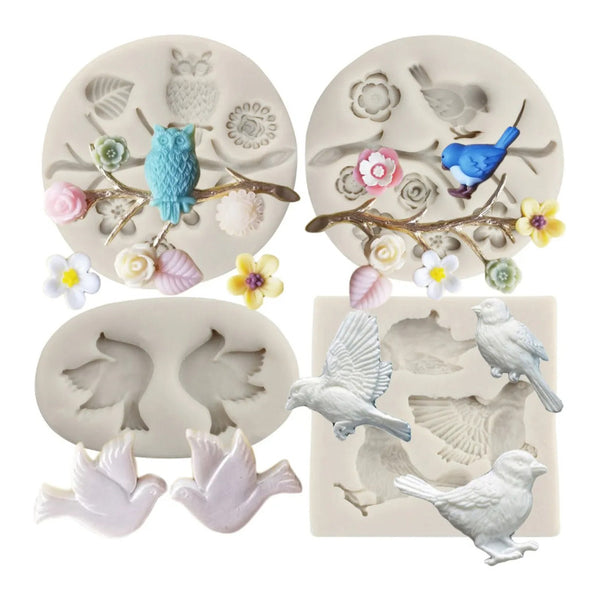 4pcs Molde De Silicona Aves Búho Rama Fondant Pasta Resina Gris