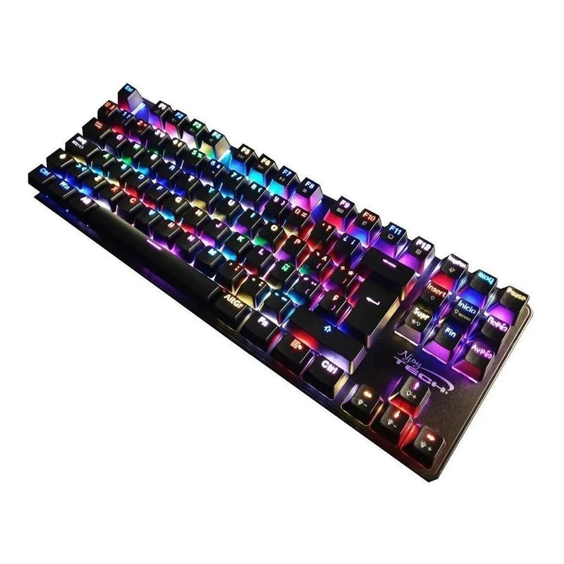 Teclado Gamer Njoytech Qwerty Outemu Blue Español Color Negro Con Luz Rgb