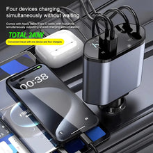Cargar imagen en el visor de la galería, Cargador Auto 120w Usb De 2 Cables Retractil Carga Rapida Gris

