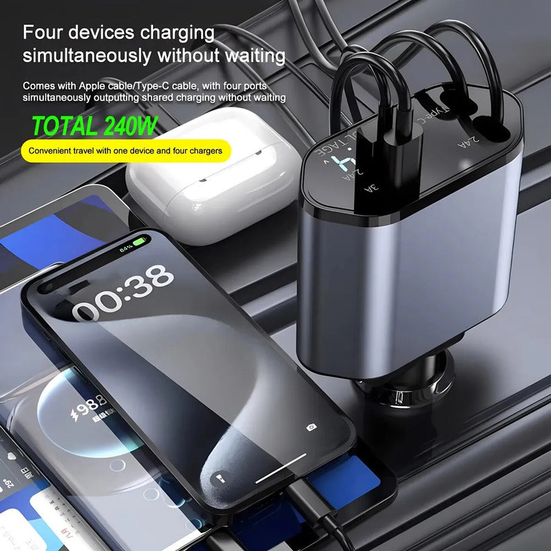 Cargador Auto 120w Usb De 2 Cables Retractil Carga Rapida Gris