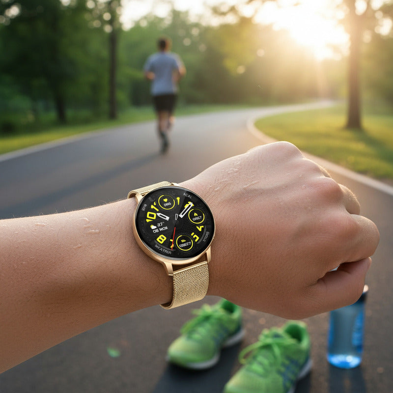 Smartwatch Deportivo S53 Amoled, Gps, Ritmo Cardíaco, Oxígen Dorado Oscuro Milanés Rosa Claro Beige