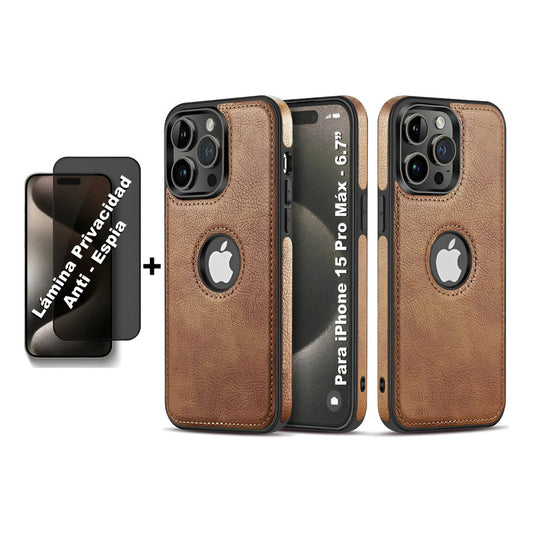 Carcasa Cuero Premium Para iPhone (todos) + Lámina Espía Marrón 12 Pro Max