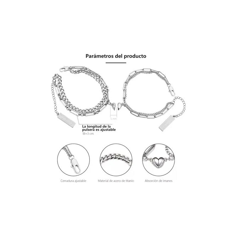 2 Pulseras Pareja Magnéticas Acero Inoxidable Regalo Amante Plateado 0 Mm 23 Cm