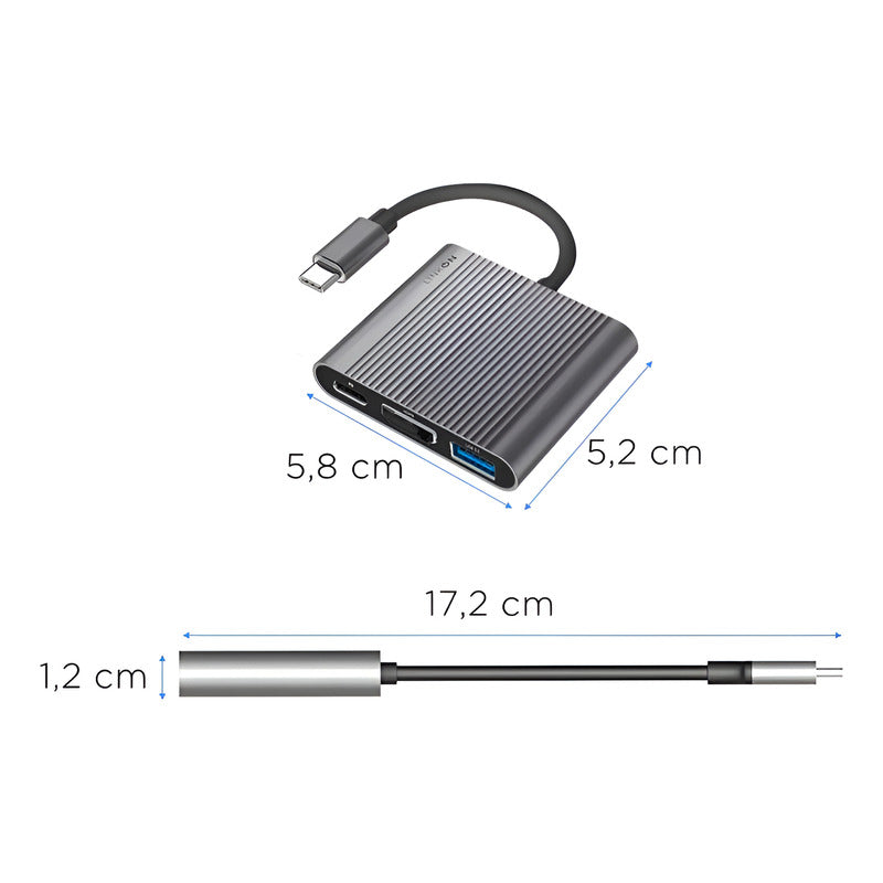 Hub Adaptador Usb Tipo C 3 En 1 Hdmi Mac Gris Oscuro