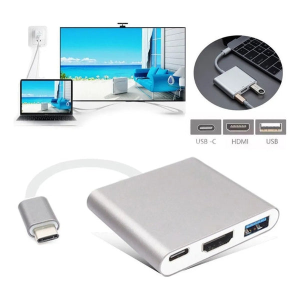 Adaptador Hub Usb Tipo C 3 En 1 Hdmi 4k Usb 3.1 Plateado