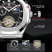 Cargar imagen en el visor de la galería, Reloj Automático Hombre Acero Inoxidable Fase Lunar Abierto Negro Plateado Blanco 
