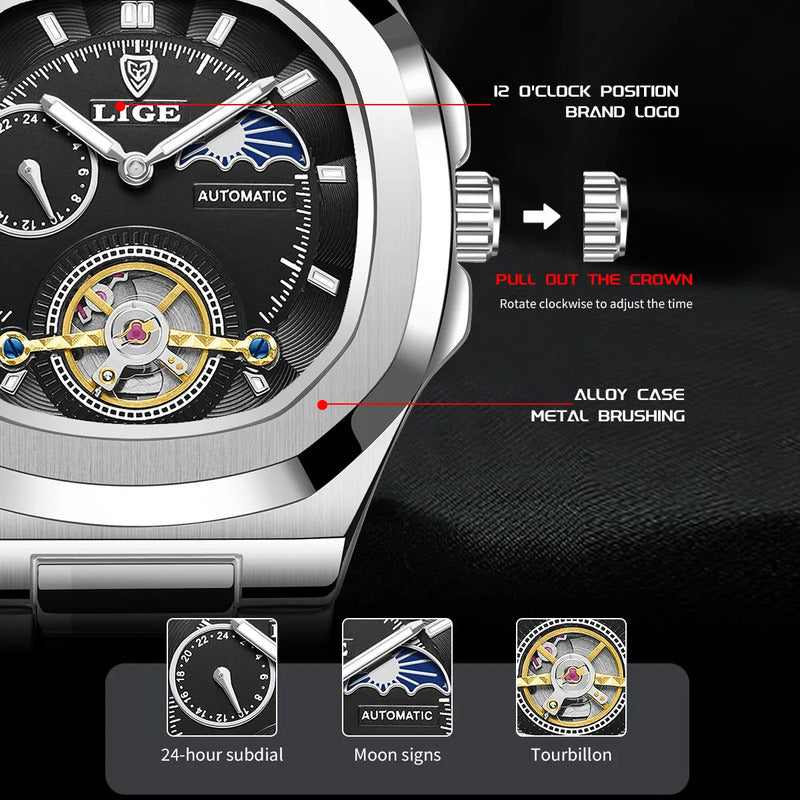 Reloj Automático Hombre Acero Inoxidable Fase Lunar Abierto Negro Plateado Blanco 
