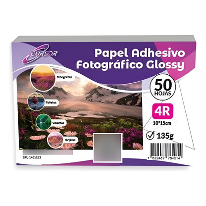 Papel Fotografico Adhesivo 4r 135g 10x15 Cm 50 Hojas Cursor Blanco