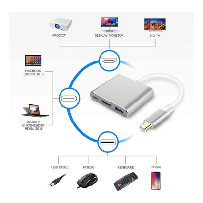 Adaptador Hub Usb Tipo C 3 En 1 Hdmi 4k Usb 3.1 Plateado