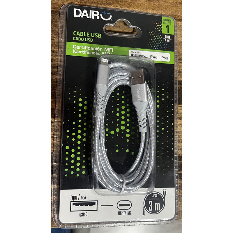 Cable Usb Lightning Silver 3 Metros Dairu