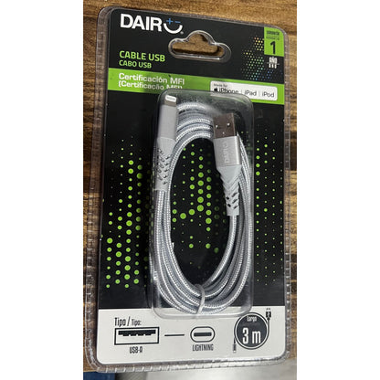 Cable Usb Lightning Silver 3 Metros Dairu