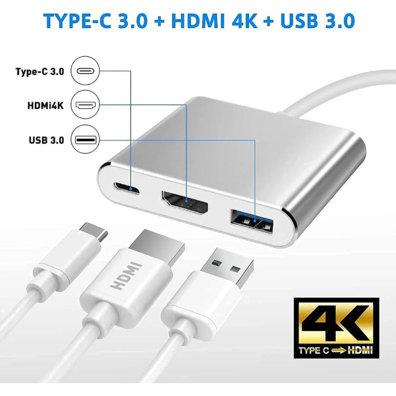 Adaptador Hub Usb Tipo C 3 En 1 Hdmi 4k Usb 3.1 Plateado