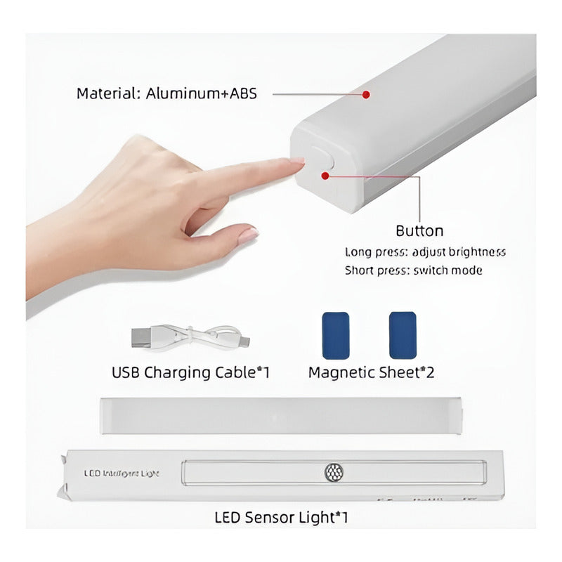 Luz Led Barra Recargable Con Sensor De Movimiento 10cm Blanco
