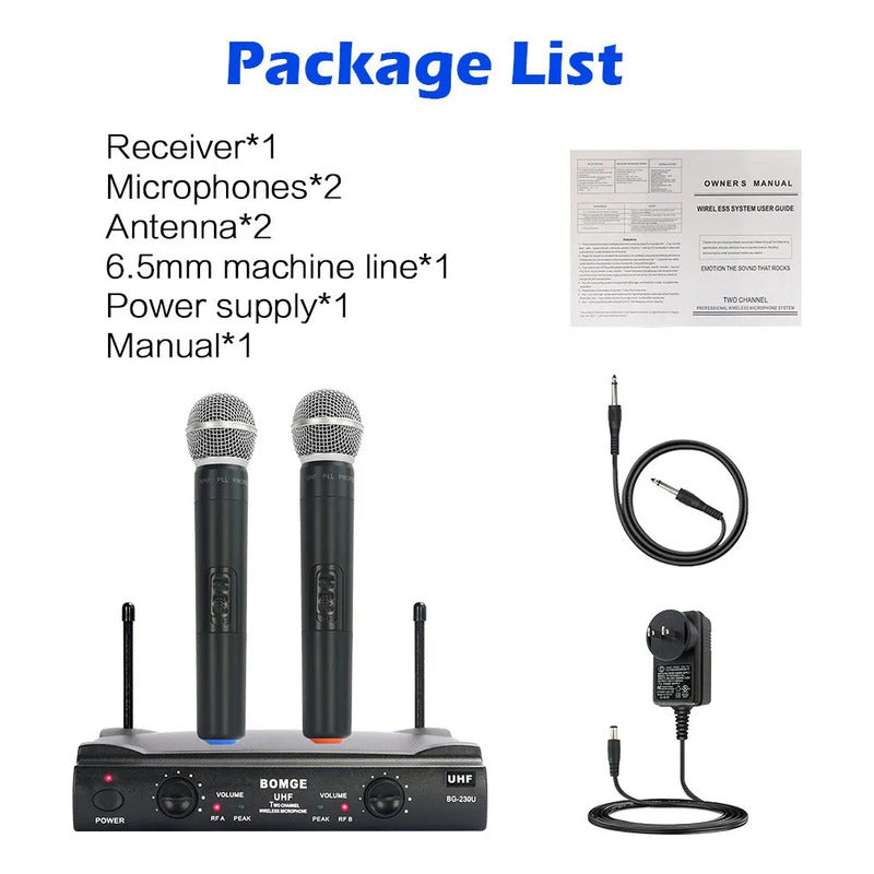 Bomge 2 Micrófonos Inalambricos Uhf Doble Canal 230u Negro