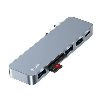 Adaptador Yesido Hb10 6 En 1 Tipo C Tf Sd Usb Doble Tipo C Plateado