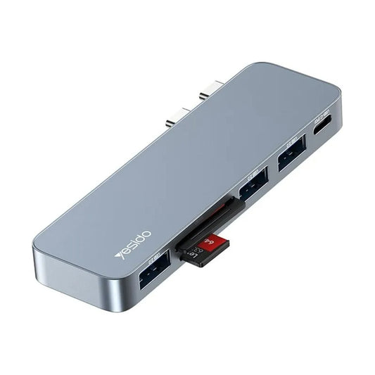 Adaptador Yesido Hb10 6 En 1 Tipo C Tf Sd Usb Doble Tipo C Plateado